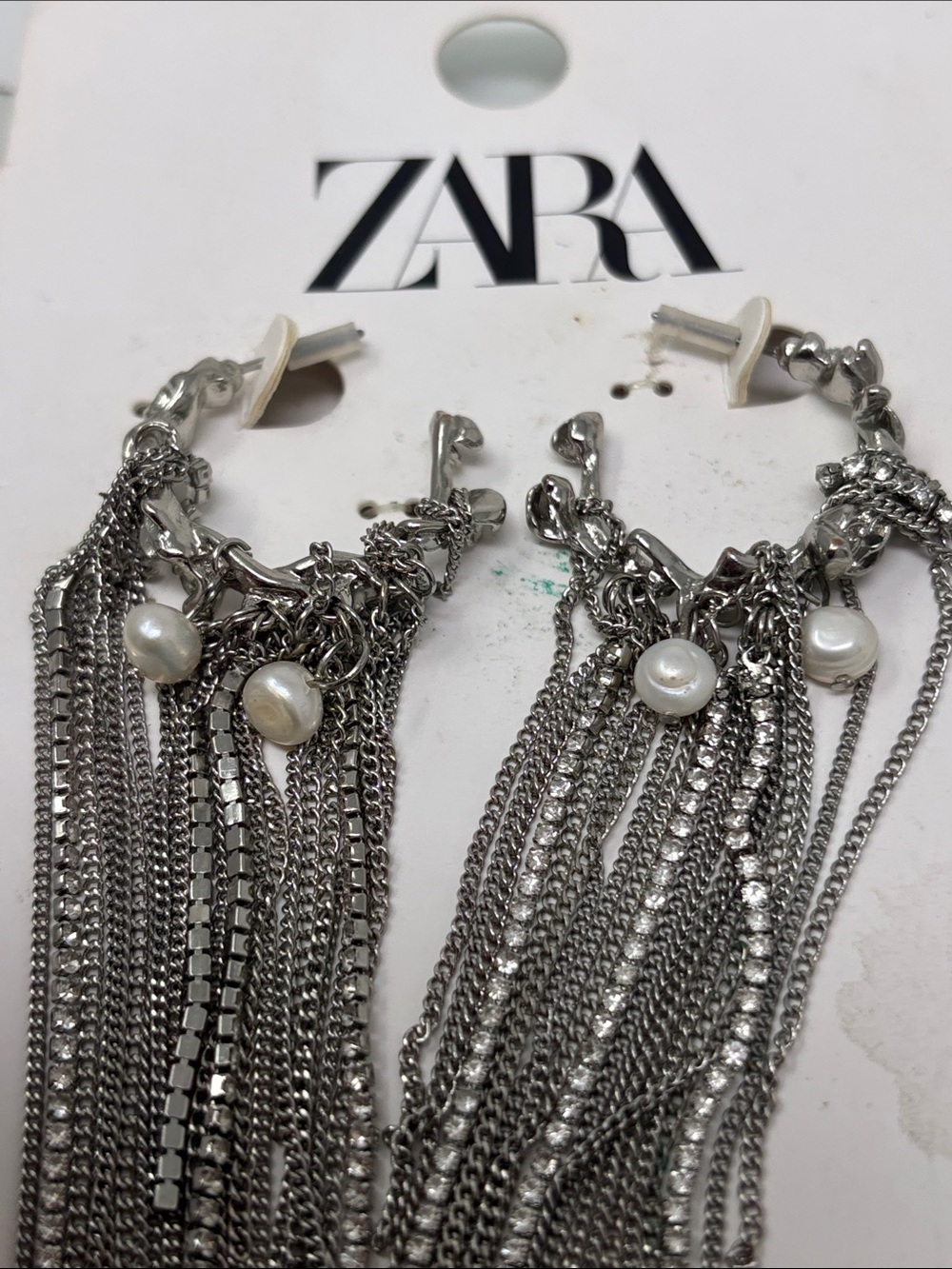 ZARA Silver Tassel Drop Earrings with Pearl Detail